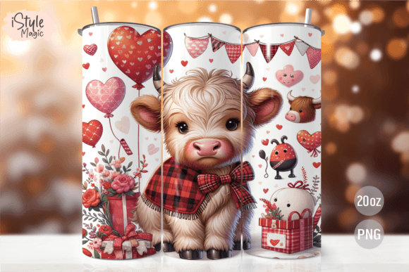Highland Cow Valentines Tumbler Wrap PNG